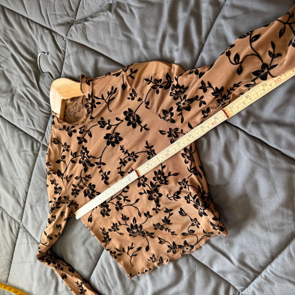 Dazy Mesh Crop Top Womens Size S Brown Black Flocked Floral Mock Neck Exc. y2k‎ - Picture 6 of 7